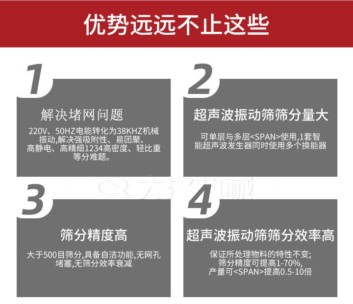 超聲波振動(dòng)篩優(yōu)勢(shì)：1，高效解決堵網(wǎng)問(wèn)題220V，50HZ電能轉(zhuǎn)化為38KHZ機(jī)械振動(dòng)，解決強(qiáng)吸附性，易團(tuán)聚，高靜電，高精細(xì)1234高密度，輕比重等難題。2，超聲振動(dòng)篩篩分量大：可單層與多層使用1套只能超聲波發(fā)生器同時(shí)使用多個(gè)換能器。3，適合大于500目篩分，具備自潔功能，無(wú)網(wǎng)孔堵塞，無(wú)篩分效率衰減。4，超聲波振動(dòng)篩篩分效率高：保證所處理物料的特性不變，篩分精度可提高1-70%。