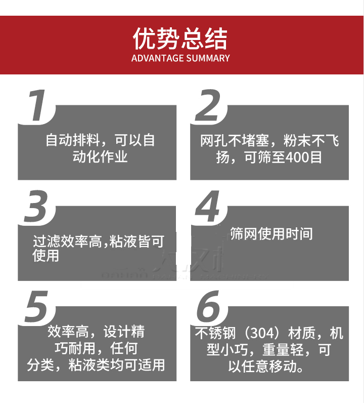 過濾篩優(yōu)勢總結(jié)：1，自動排料，可以自動化作用。2，網(wǎng)孔不堵塞，粉塵不飛揚，可篩至400目。3，過濾效率高，任何粒，粉，粘液也可使用。4，篩網(wǎng)設(shè)計大大提高了篩網(wǎng)使用時間，也魏換網(wǎng)提高了方便。5，效率高，設(shè)計精巧耐用，任何分類設(shè)計精巧耐用，任何分類，粘液類均可適用。6，不銹鋼材質(zhì)機型小巧，重量輕，可以任意移動。