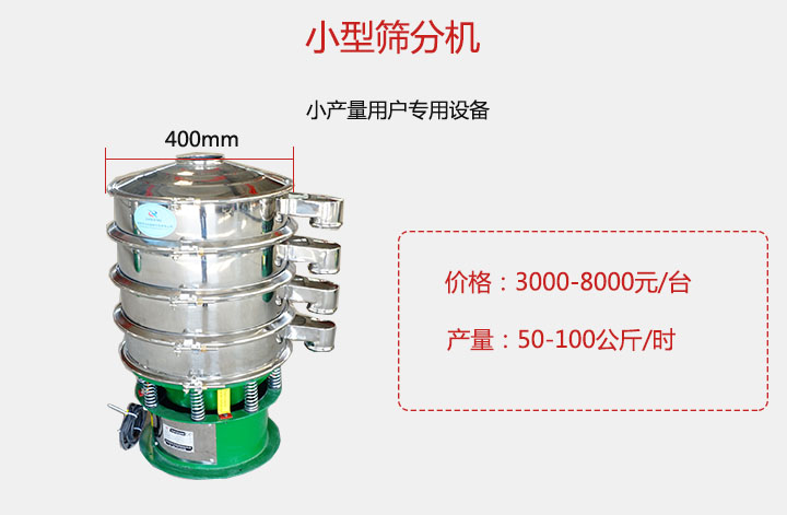 小型篩分機(jī)產(chǎn)量可達(dá)100公斤/時(shí)，價(jià)格3000元起。