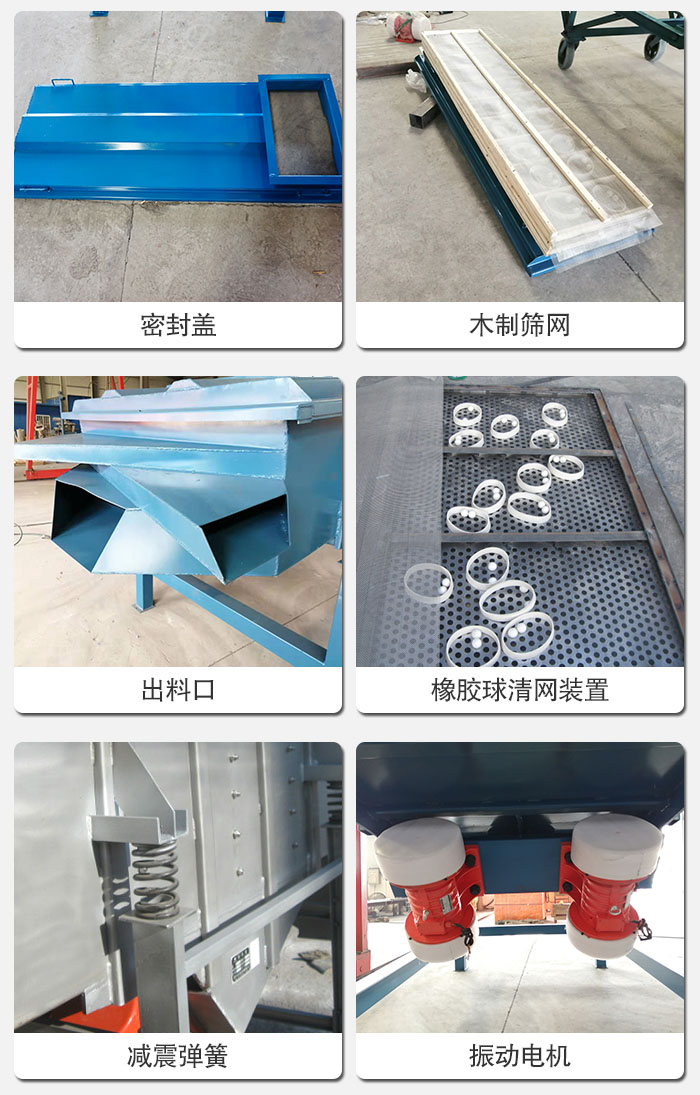 直線篩結(jié)構(gòu)展示：篩網(wǎng)，篩箱，振動電機，振動電機座，減震彈簧，支架等部件展示圖