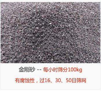 篩分金剛砂每小時(shí)100kg，有腐蝕性，過(guò)16、30、50目篩網(wǎng)