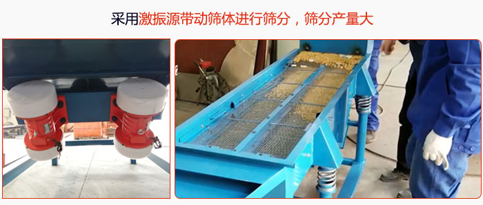 采用激振源帶動篩體進(jìn)行篩分，篩分產(chǎn)量大。
