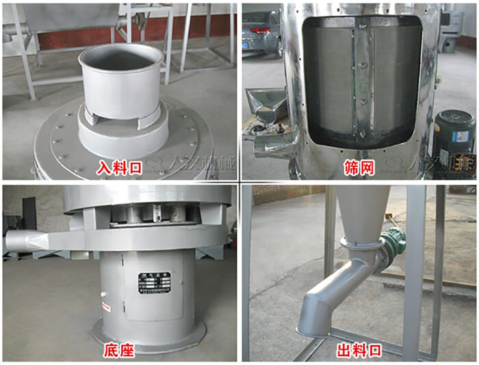 氣流篩部件展示：入料口，篩網(wǎng)，底座，出料口等。
