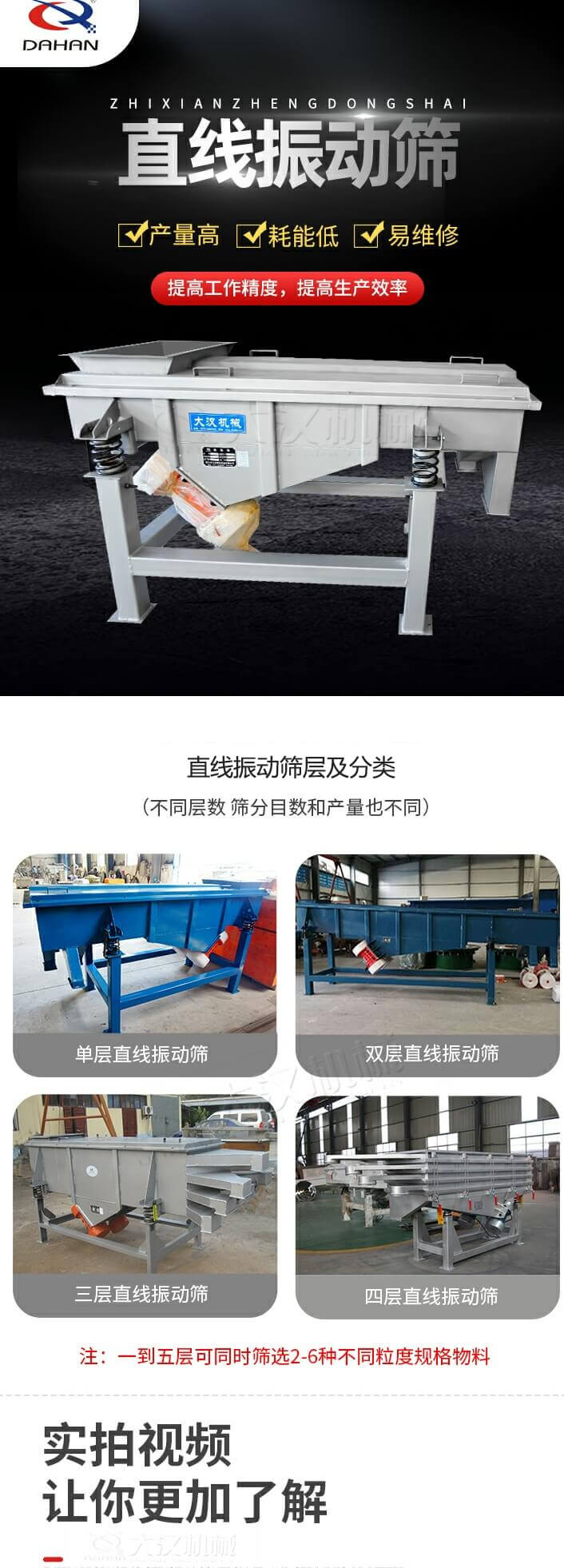 直線振動篩概述，產(chǎn)量高，耗能低，易維修，提高工作精度，提高生產(chǎn)效率，直線振動篩層級分類：不同層數(shù)，篩分目數(shù)和產(chǎn)量也不同：單層，雙層，三層，四層等。