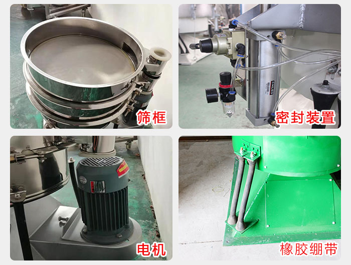 搖擺篩結(jié)構(gòu)：電機(jī)，橡膠繃帶，篩框，密封裝置等。