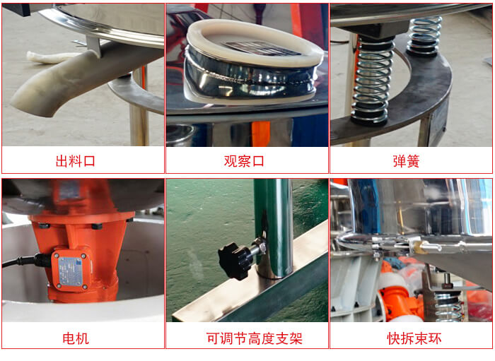 高頻篩細(xì)節(jié)展示：出料口，觀察口，彈簧，電機(jī)，可調(diào)節(jié)高度支架，快拆束環(huán)。