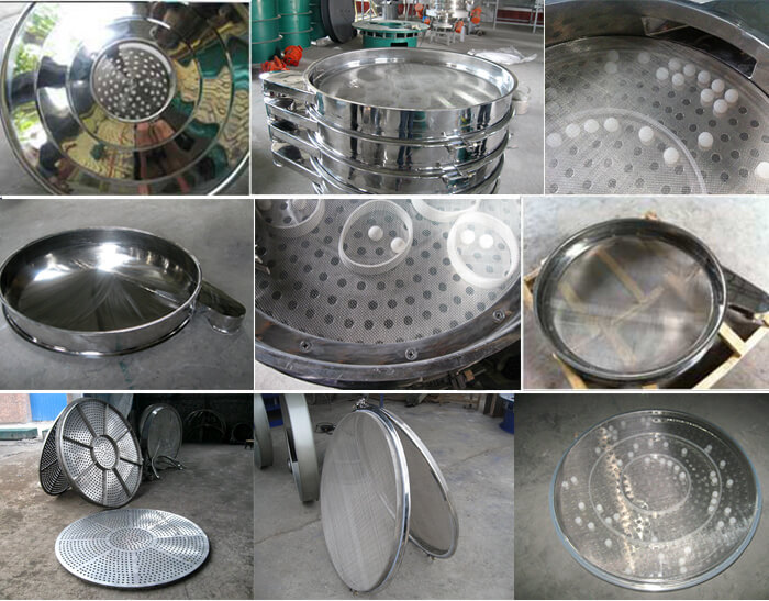 食品振動(dòng)篩細(xì)節(jié)展示：防塵蓋，篩框，網(wǎng)架，底框等。